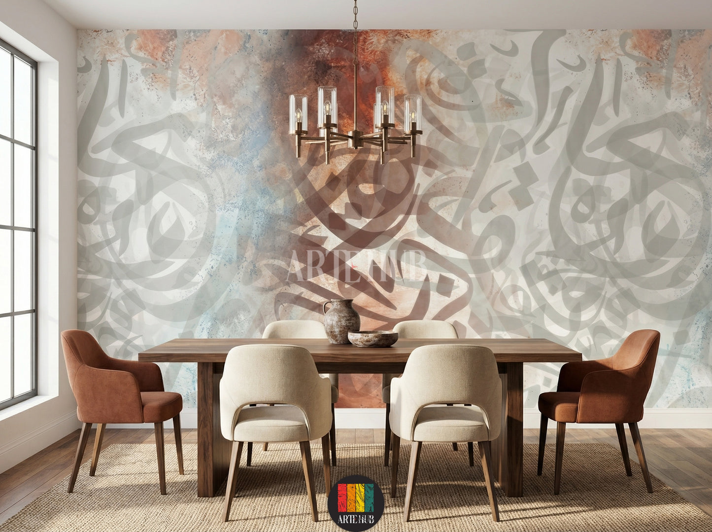 Full view of a modern dining room in Egypt featuring a large abstract Arabic calligraphy wallpaper with muted brown, blue, and grey tones, creating an elegant Egyptian style decor. A wooden dining table with beige and rust chairs is centered, with a chandelier overhead.
صورة كاملة لغرفة طعام عصرية في مصر تتميز بورق حائط كبير بخط عربي تجريدي بألوان هادئة مثل البني والأزرق والرمادي، مما يخلق ديكوراً مصرياً أنيقاً. تتوسط الغرفة طاولة طعام خشبية مع كراسي باللون البيج والصدأ، وثريا معلقة.
room: dining room