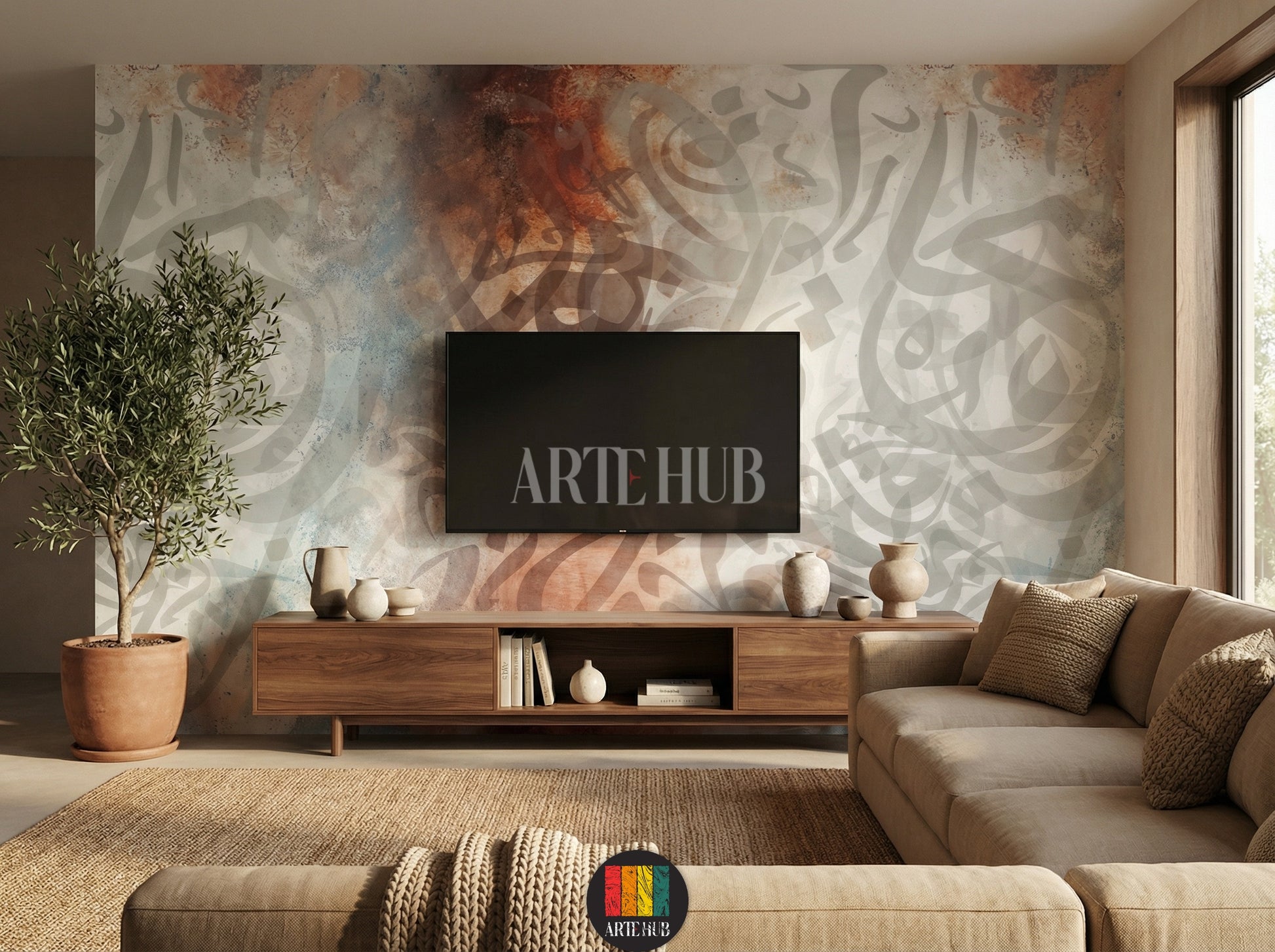 Full view of a modern tv room in Egypt featuring a large abstract Arabic calligraphy wallpaper with muted brown, blue, and grey tones, creating an elegant Egyptian style decor. A wooden dining table with beige and rust chairs is centered, with a chandelier overhead.
صورة كاملة لغرفة عصرية في مصر تتميز بورق حائط كبير بخط عربي تجريدي بألوان هادئة مثل البني والأزرق والرمادي، مما يخلق ديكوراً مصرياً أنيقاً. تتوسط الغرفة طاولة طعام خشبية مع كراسي باللون البيج والصدأ، وثريا معلقة.
room: tv room