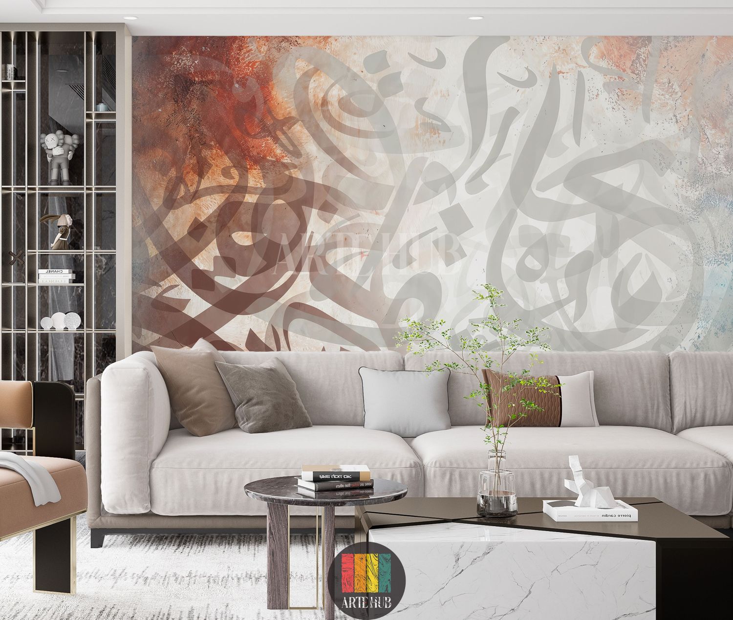 Full view of a modern living room in Egypt featuring a large abstract Arabic calligraphy wallpaper with muted brown, blue, and grey tones, creating an elegant Egyptian style decor. A wooden dining table with beige and rust chairs is centered, with a chandelier overhead.
صورة كاملة لغرفة معيشة عصرية في مصر تتميز بورق حائط كبير بخط عربي تجريدي بألوان هادئة مثل البني والأزرق والرمادي، مما يخلق ديكوراً مصرياً أنيقاً. تتوسط الغرفة طاولة طعام خشبية مع كراسي باللون البيج والصدأ، وثريا معلقة.
room: living room