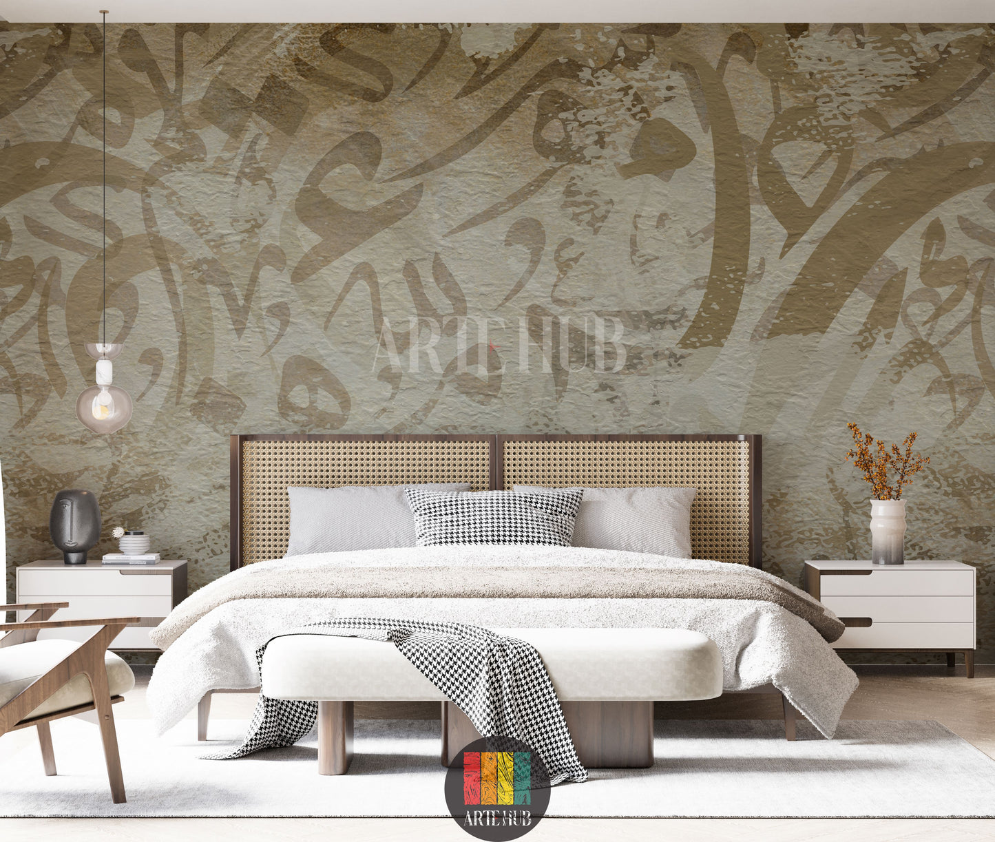 Detailed view of an elegant bedroom featuring a wall covered with abstract Arabic calligraphy wallpaper in earthy tones, providing a unique Egyptian style home decor. The room includes a rattan bed, white bedding, and modern furniture.
غرفة نوم أنيقة بتصميم ورق حائط خط عربي تجريدي بألوان ترابية، يضيف لمسة ديكور منزلية عصرية مستوحاة من مصر. تظهر تفاصيل السرير المصنوع من خشب الروطان وأثاث الغرفة الحديث.
room: bedroom