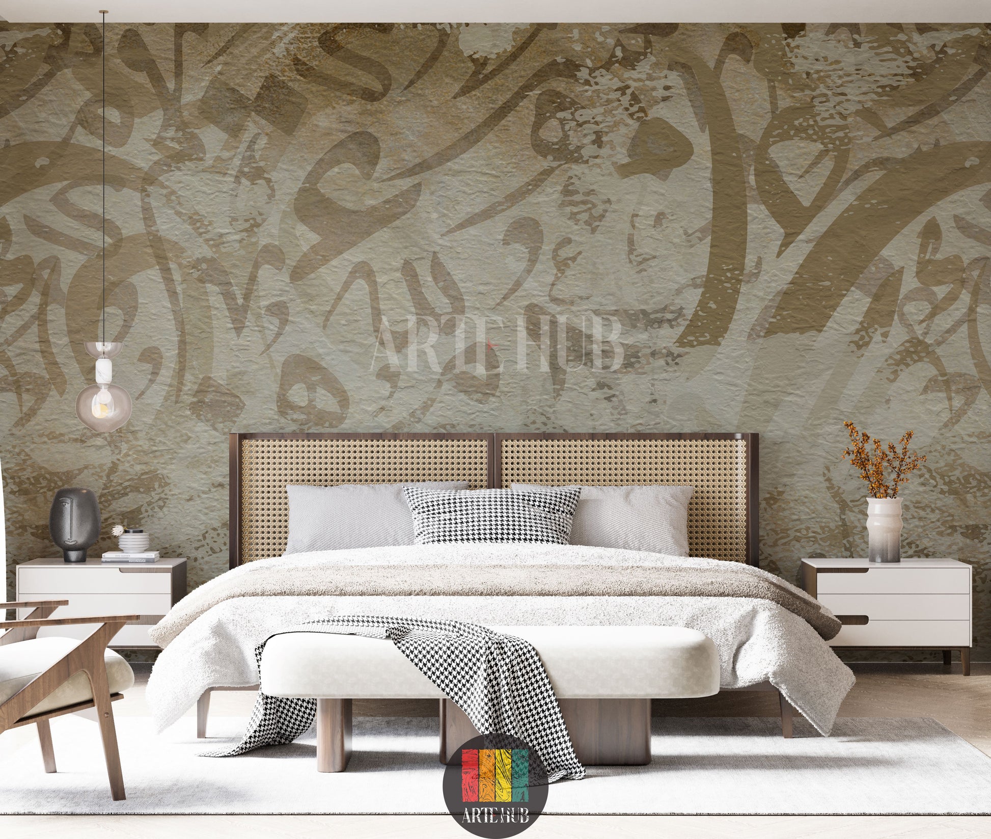 Detailed view of an elegant bedroom featuring a wall covered with abstract Arabic calligraphy wallpaper in earthy tones, providing a unique Egyptian style home decor. The room includes a rattan bed, white bedding, and modern furniture.
غرفة نوم أنيقة بتصميم ورق حائط خط عربي تجريدي بألوان ترابية، يضيف لمسة ديكور منزلية عصرية مستوحاة من مصر. تظهر تفاصيل السرير المصنوع من خشب الروطان وأثاث الغرفة الحديث.
room: bedroom