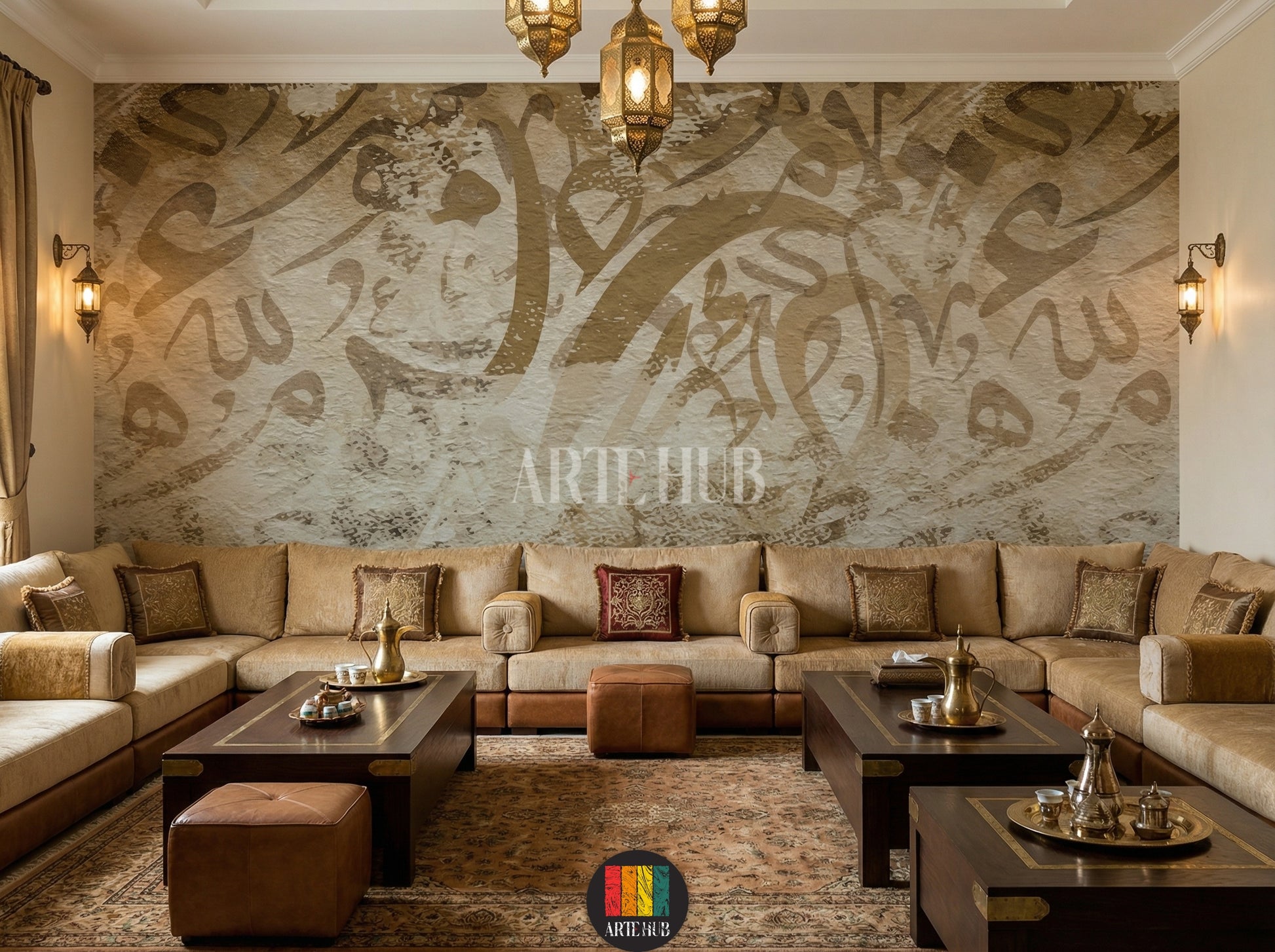 Detailed view of an elegant majles room featuring a wall covered with abstract Arabic calligraphy wallpaper in earthy tones, providing a unique Egyptian style home decor. The room includes a rattan bed, white bedding, and modern furniture.
غرفة مجلس أنيقة بتصميم ورق حائط خط عربي تجريدي بألوان ترابية، يضيف لمسة ديكور منزلية عصرية مستوحاة من مصر. تظهر تفاصيل السرير المصنوع من خشب الروطان وأثاث الغرفة الحديث.
room: majles room