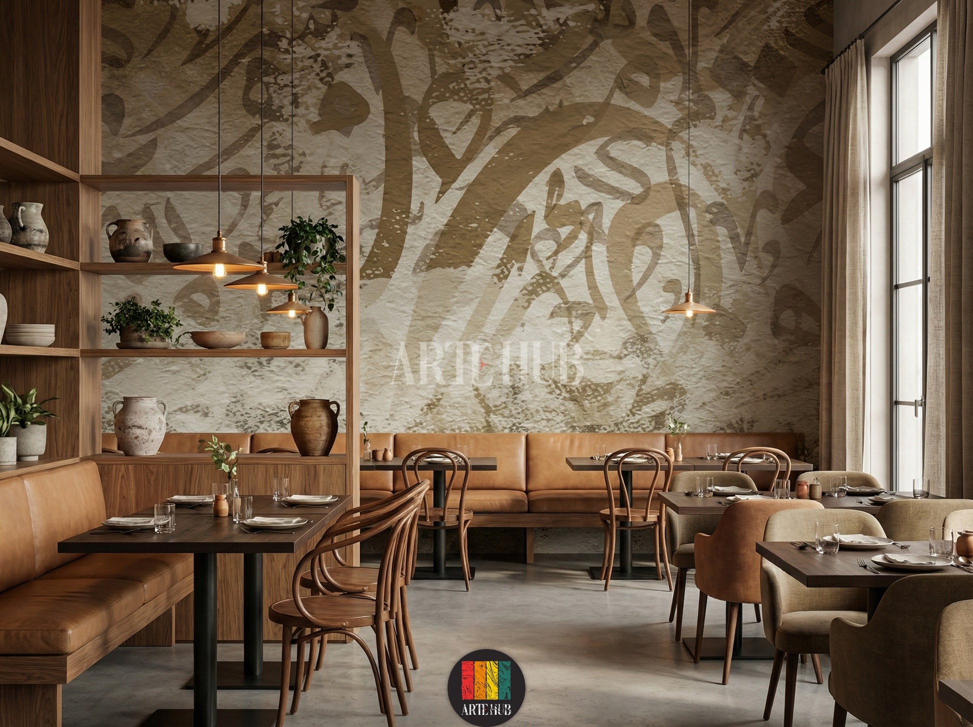 Detailed view of restaurant featuring a wall covered with abstract Arabic calligraphy wallpaper in earthy tones, providing a unique Egyptian style home decor. The room includes a rattan bed, white bedding, and modern furniture.
مطعم أنيق بتصميم ورق حائط خط عربي تجريدي بألوان ترابية، يضيف لمسة ديكور منزلية عصرية مستوحاة من مصر. تظهر تفاصيل السرير المصنوع من خشب الروطان وأثاث الغرفة الحديث.
room: restaurant