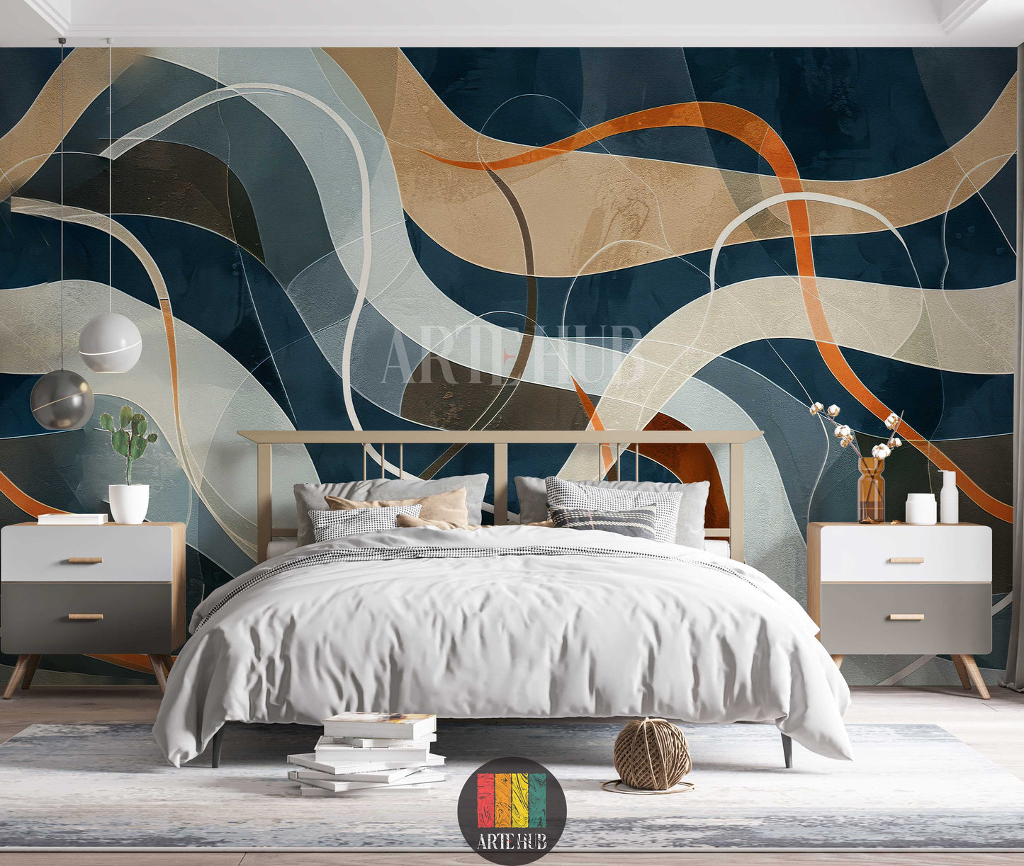 A modern bedroom featuring a large abstract wallpaper with flowing, curved lines in shades of dark blue, beige, grey, brown, and orange. This contemporary wall art is ideal for stylish homes in Egypt.
غرفة نوم عصرية تحتوي على ورق حائط كبير بتصميم تجريدي يتميز بخطوط منحنية وأمواج بألوان الأزرق الداكن والبيج والرمادي والبني والبرتقالي. هذا الديكور الجداري العصري مثالي للمنازل الأنيقة في مصر.
room: bedroom