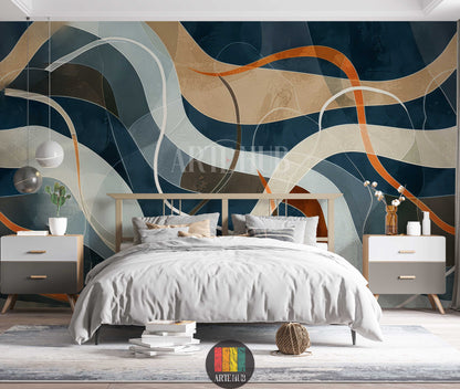 A modern bedroom featuring a large abstract wallpaper with flowing, curved lines in shades of dark blue, beige, grey, brown, and orange. This contemporary wall art is ideal for stylish homes in Egypt.
غرفة نوم عصرية تحتوي على ورق حائط كبير بتصميم تجريدي يتميز بخطوط منحنية وأمواج بألوان الأزرق الداكن والبيج والرمادي والبني والبرتقالي. هذا الديكور الجداري العصري مثالي للمنازل الأنيقة في مصر.
room: bedroom