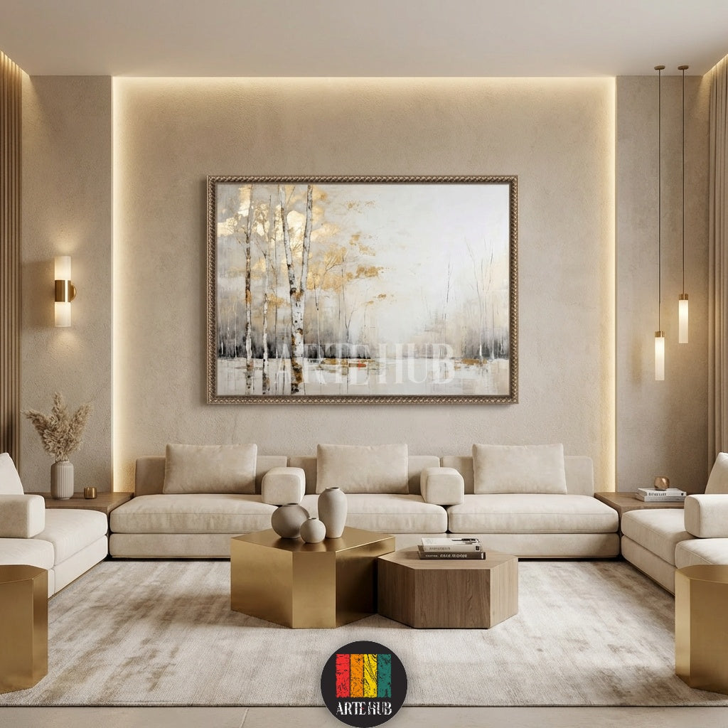 A large square canvas wall art featuring abstract birch trees with gold leaf accents hanging above a modern bed in a neutral-toned bedroom in Egypt by Artehub.

تابلوه كانفاس كبير يصور أشجار البتولا بلمسات ذهبية معلقة فوق سرير عصري في غرفة نوم مصرية بتصميم نيوترال من Artehub مصر.