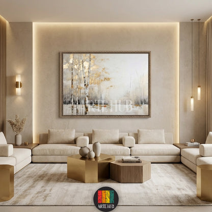 A large square canvas wall art featuring abstract birch trees with gold leaf accents hanging above a modern bed in a neutral-toned bedroom in Egypt by Artehub.

تابلوه كانفاس كبير يصور أشجار البتولا بلمسات ذهبية معلقة فوق سرير عصري في غرفة نوم مصرية بتصميم نيوترال من Artehub مصر.