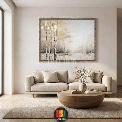 A large square canvas wall art featuring abstract birch trees with gold leaf accents hanging above a modern bed in a neutral-toned bedroom in Egypt by Artehub.

تابلوه كانفاس كبير يصور أشجار البتولا بلمسات ذهبية معلقة فوق سرير عصري في غرفة نوم مصرية بتصميم نيوترال من Artehub مصر.