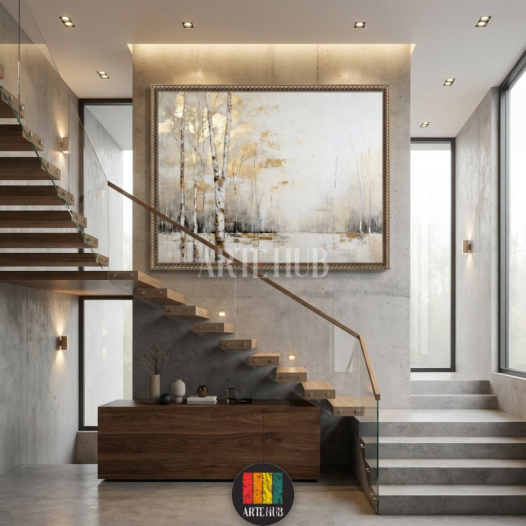 A large square canvas wall art featuring abstract birch trees with gold leaf accents hanging above a modern bed in a neutral-toned bedroom in Egypt by Artehub.

تابلوه كانفاس كبير يصور أشجار البتولا بلمسات ذهبية معلقة فوق سرير عصري في غرفة نوم مصرية بتصميم نيوترال من Artehub مصر.