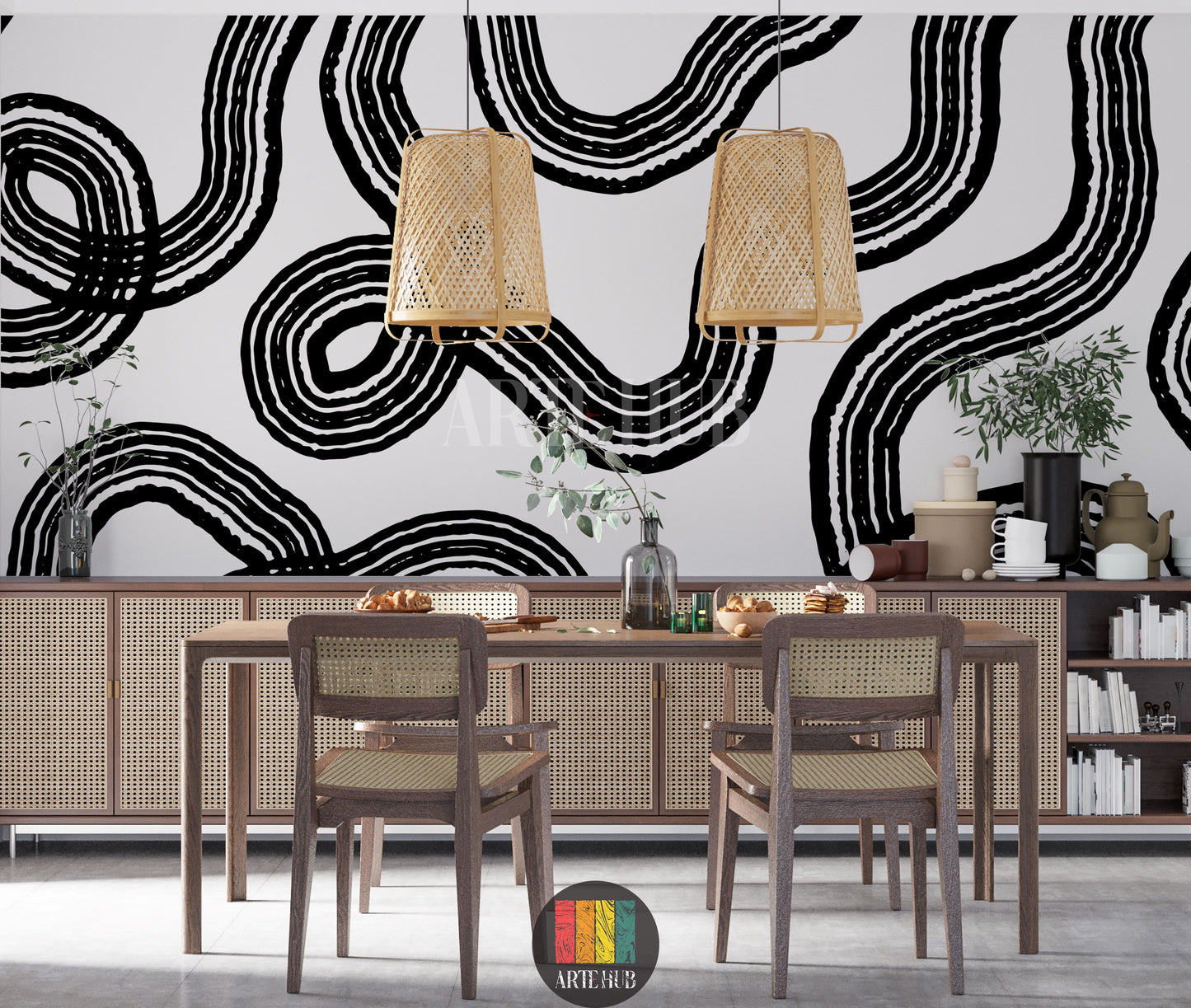 Detailed view of a modern dining room in Egypt featuring a striking black and white abstract line art wallpaper, rattan pendant lights, and wooden furniture with cane accents, creating a contemporary Egyptian aesthetic.
صورة مفصلة لغرفة طعام عصرية في مصر، تظهر ورق حائط فني بخطوط تجريدية سوداء وبيضاء، مع إضاءة خوص وأثاث خشبي أنيق، مما يضفي لمسة ديكور حديثة لمنزلك في مصر.