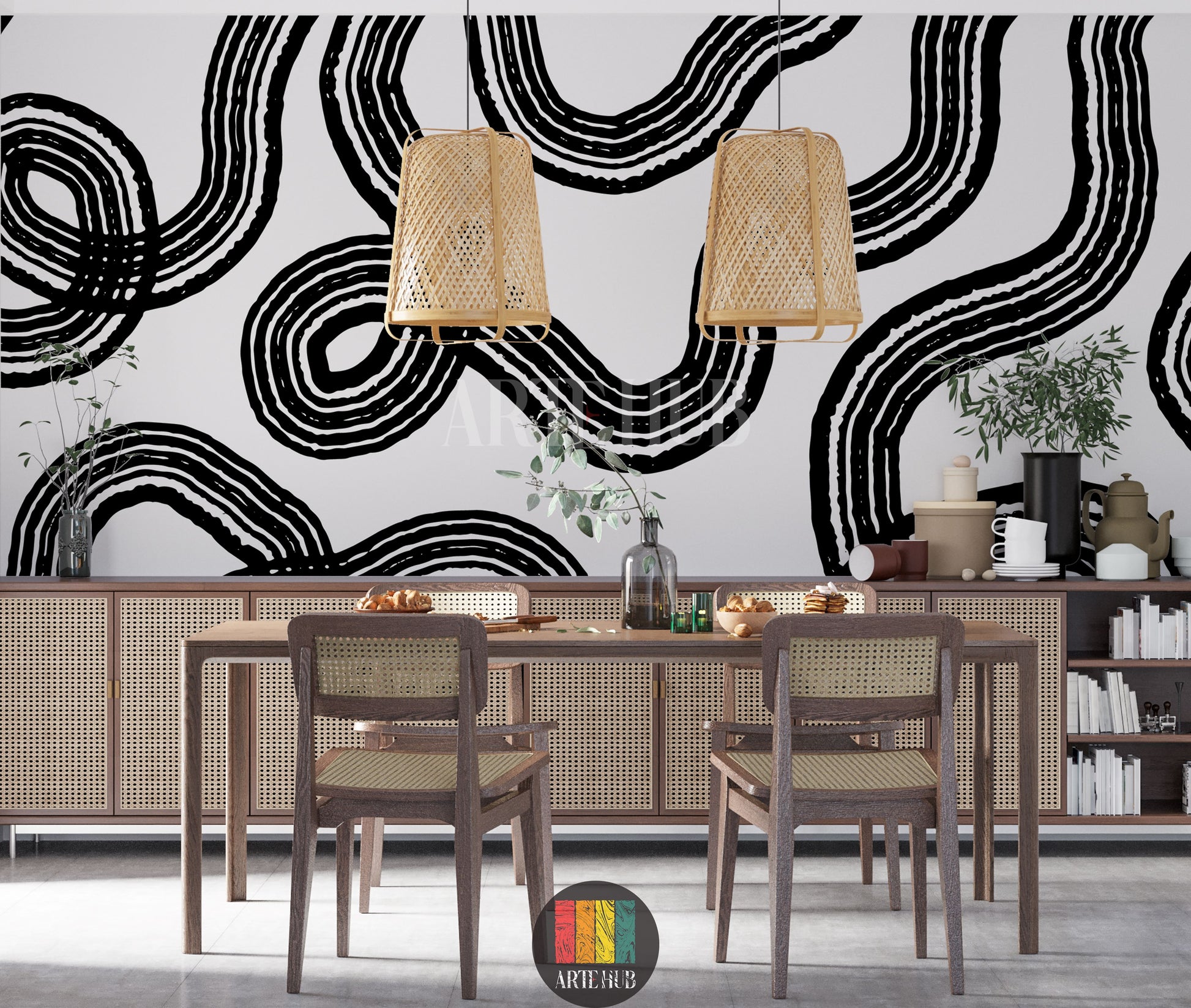 Detailed view of a modern dining room in Egypt featuring a striking black and white abstract line art wallpaper, rattan pendant lights, and wooden furniture with cane accents, creating a contemporary Egyptian aesthetic.
صورة مفصلة لغرفة طعام عصرية في مصر، تظهر ورق حائط فني بخطوط تجريدية سوداء وبيضاء، مع إضاءة خوص وأثاث خشبي أنيق، مما يضفي لمسة ديكور حديثة لمنزلك في مصر.