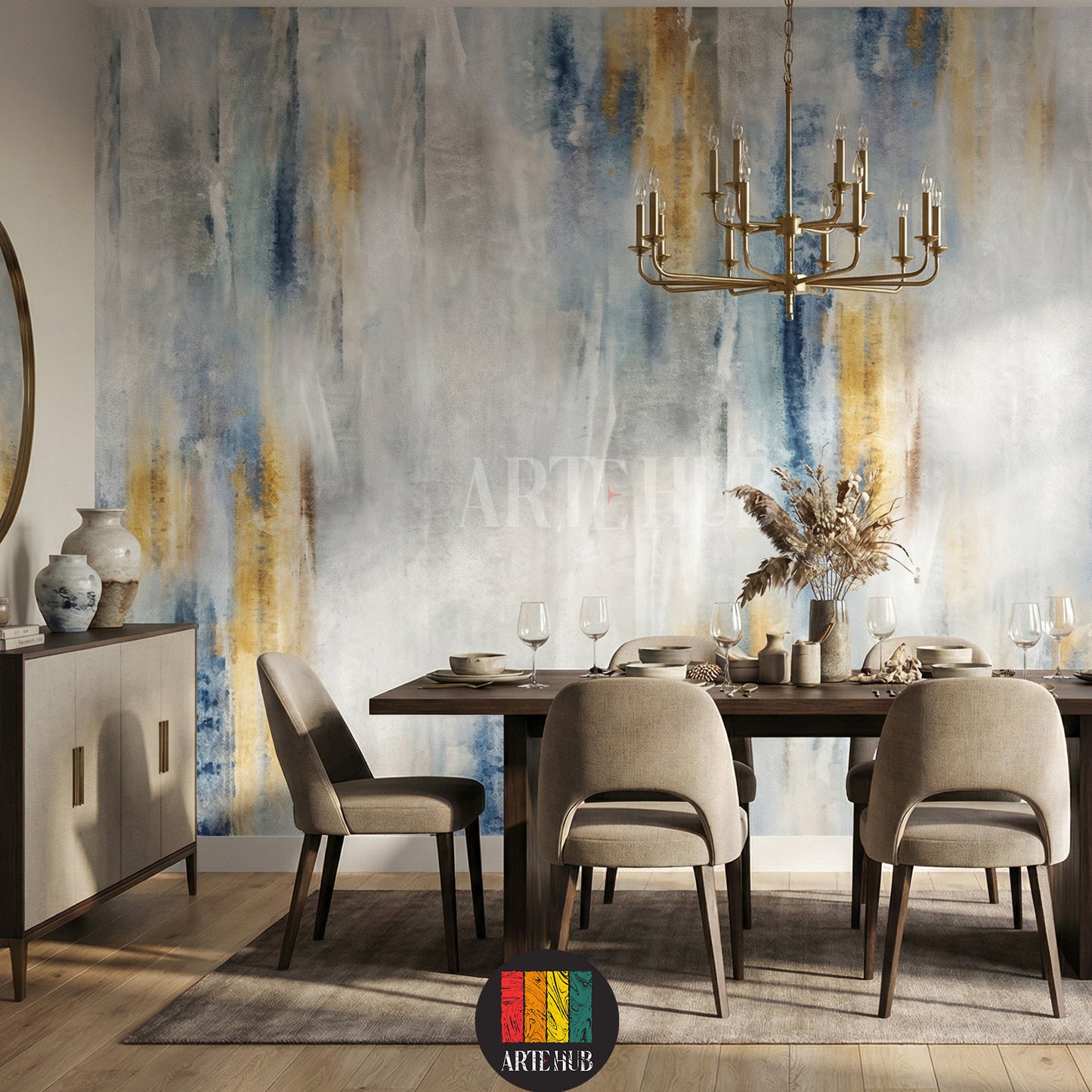 Close-up of a modern abstract wallpaper featuring blue, yellow, and white brush strokes, installed in a stylish bedroom in Egypt. Enhances contemporary home decor.
ورق حائط عصري بتصميم تجريدي يظهر ضربات فرشاة زرقاء وذهبية وبيضاء، مثبت في غرفة نوم أنيقة في مصر. مثالي لتجديد ديكور المنزل.