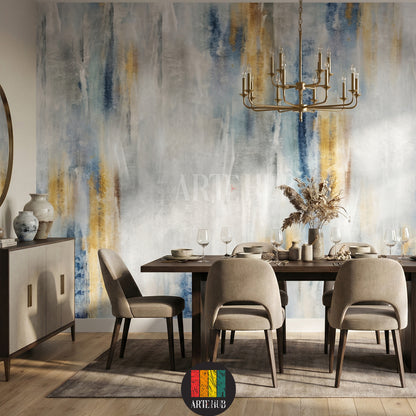 Close-up of a modern abstract wallpaper featuring blue, yellow, and white brush strokes, installed in a stylish bedroom in Egypt. Enhances contemporary home decor.
ورق حائط عصري بتصميم تجريدي يظهر ضربات فرشاة زرقاء وذهبية وبيضاء، مثبت في غرفة نوم أنيقة في مصر. مثالي لتجديد ديكور المنزل.
