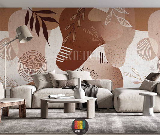Full view of a modern  featuring abstract boho wallpaper with organic shapes and leaf patterns in earthy brown, beige, and white tones. Ideal wall decor for homes in Egypt, enhancing contemporary or minimalist interior designs.
صورة لغرفة نوم عصرية بها ورق حائط بوهيمي بتصميمات مجردة وأشكال أوراق الشجر بألوان ترابية وبنية وبيج وبيضاء. مثالي لديكور الحوائط في مصر، يضيف لمسة فنية للمنازل المصرية.
room: living room
