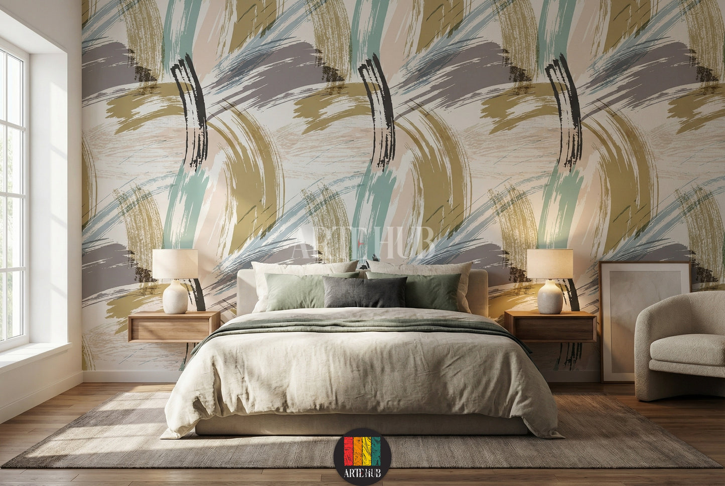 Modern abstract brush stroke wallpaper in muted tones (gold, teal, grey, blush) installed on a wall with a floating wooden  in a contemporary Egyptian  space. Perfect for stylish home decoration in Egypt.
ورق حائط عصري بتصميم ضربات فرشاة تجريدية بألوان هادئة (ذهبي، فيروزي، رمادي، وردي) على جدار مع درج خشبي معلق في مساحة معيشة عصرية في مصر. مثالي لديكور الحائط الأنيق في المنازل المصرية.
room: bedroom