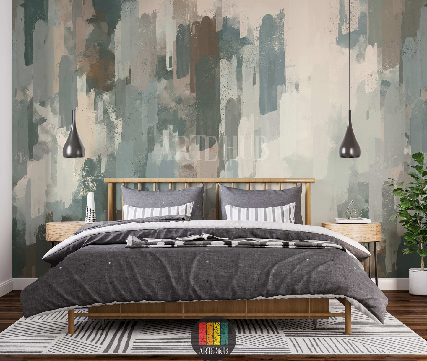 Full view of a modern bedroom with an abstract brushstroke wallpaper in muted green, blue, brown, and beige tones, creating a stylish focal point for homes in Egypt.
صورة كاملة لغرفة نوم مودرن مع ورق حائط بتصميم فرشاة تجريدي بألوان هادئة من الأخضر والأزرق والبني والبيج، لمسة عصرية لديكورات المنازل في مصر.
room: bedroom