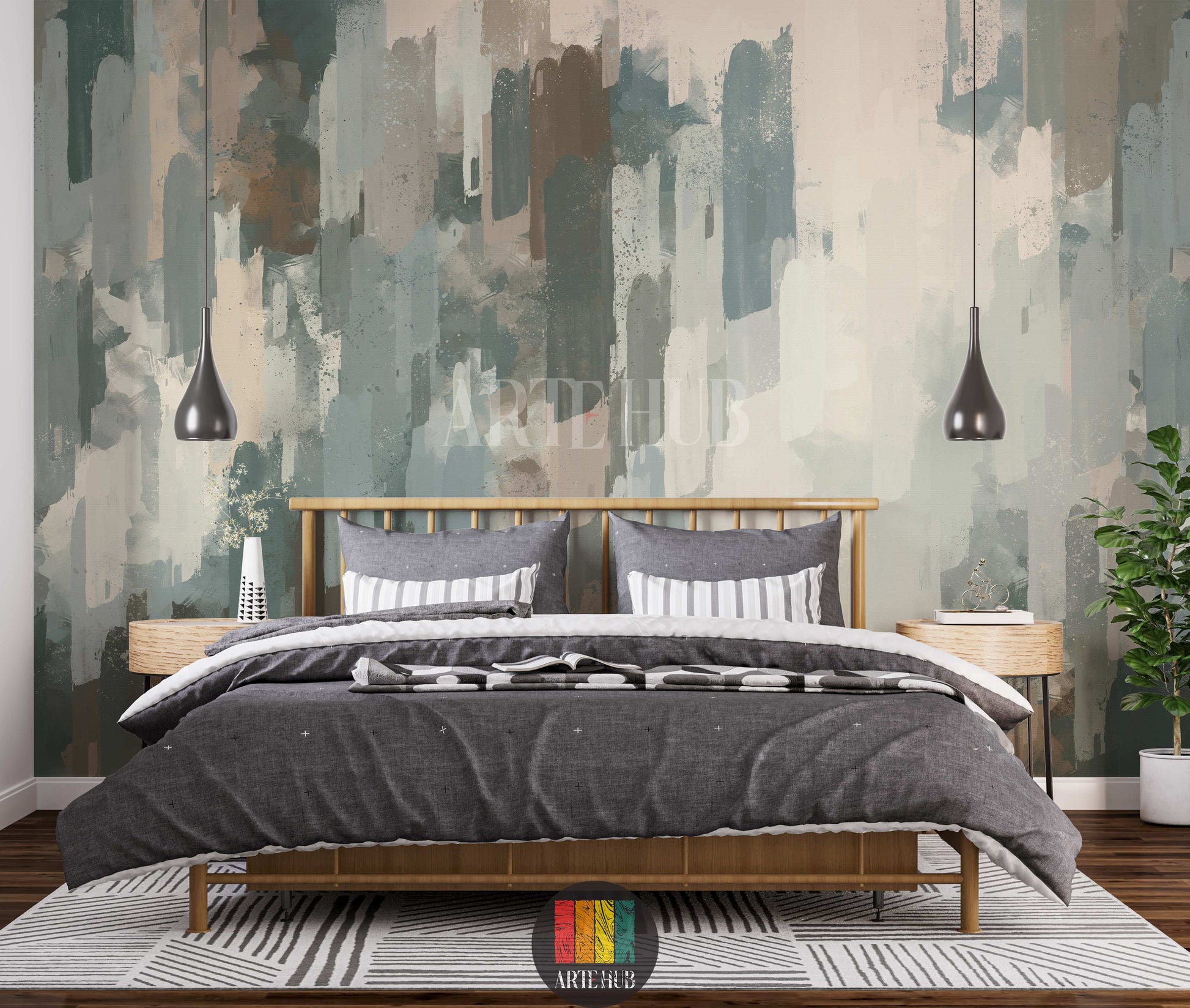 Full view of a modern bedroom with an abstract brushstroke wallpaper in muted green, blue, brown, and beige tones, creating a stylish focal point for homes in Egypt.
صورة كاملة لغرفة نوم مودرن مع ورق حائط بتصميم فرشاة تجريدي بألوان هادئة من الأخضر والأزرق والبني والبيج، لمسة عصرية لديكورات المنازل في مصر.
room: bedroom