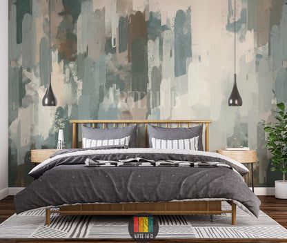 Full view of a modern bedroom with an abstract brushstroke wallpaper in muted green, blue, brown, and beige tones, creating a stylish focal point for homes in Egypt.
صورة كاملة لغرفة نوم مودرن مع ورق حائط بتصميم فرشاة تجريدي بألوان هادئة من الأخضر والأزرق والبني والبيج، لمسة عصرية لديكورات المنازل في مصر.
room: bedroom