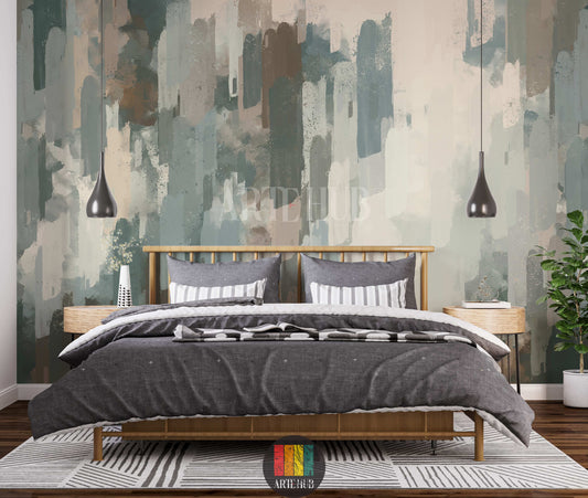 Full view of a modern bedroom with an abstract brushstroke wallpaper in muted green, blue, brown, and beige tones, creating a stylish focal point for homes in Egypt.
صورة كاملة لغرفة نوم مودرن مع ورق حائط بتصميم فرشاة تجريدي بألوان هادئة من الأخضر والأزرق والبني والبيج، لمسة عصرية لديكورات المنازل في مصر.
room: bedroom