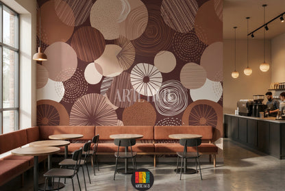 Full view of a living room featuring an abstract circular wallpaper in brown and beige tones, showcasing modern home decor in Egypt. A white sofa, brown armchair, and contemporary lamps complement the artistic wall art.
صورة كاملة لغرفة معيشة مزينة بـ ورق حائط بتصميم دوائر تجريدية وألوان ترابية (بني وبيج)، تظهر ديكورًا منزليًا عصريًا في مصر. أريكة بيضاء وكرسي بذراعين بني ومصابيح أنيقة تكمل فن الجدار.
room: cafe