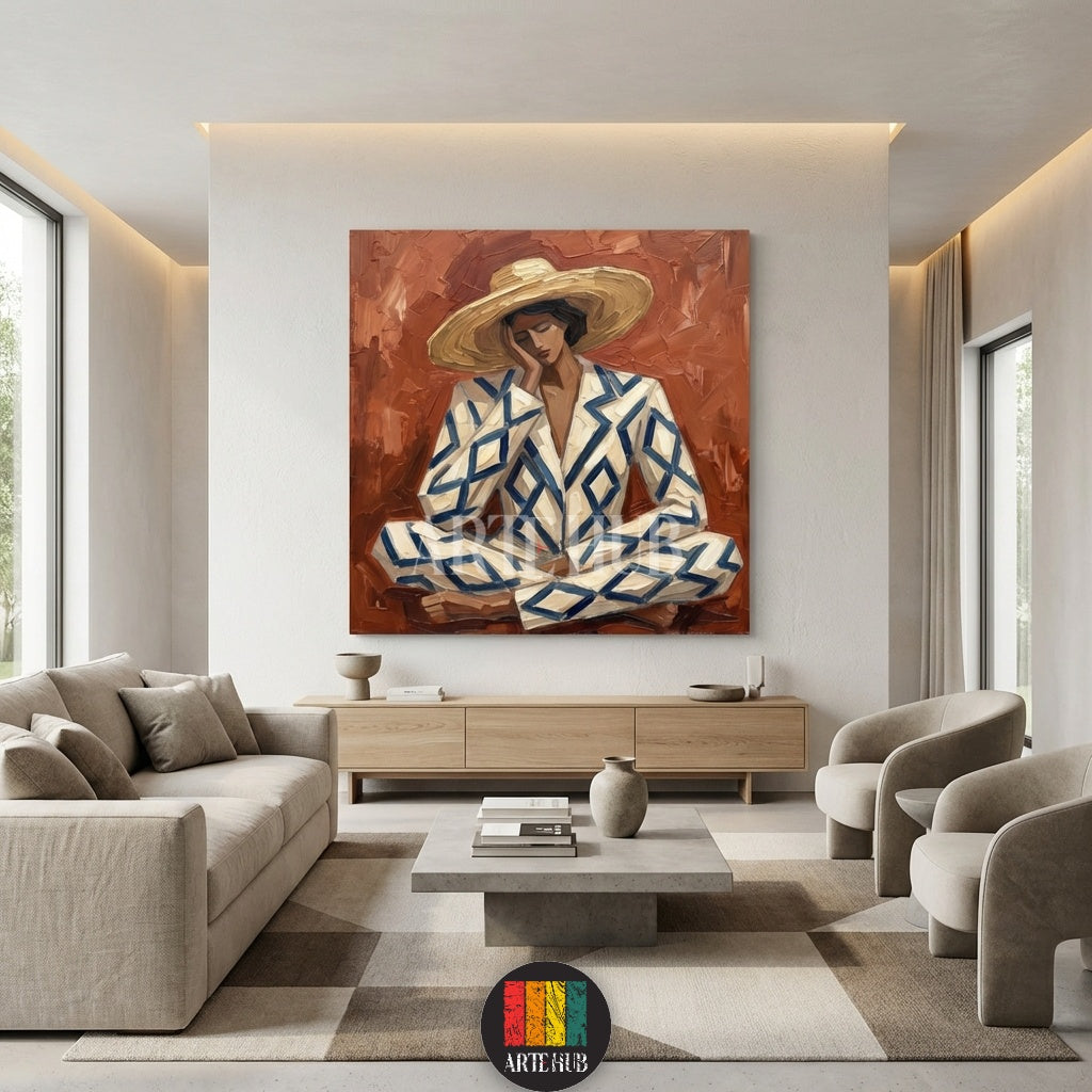 Detailed abstract oil painting style canvas from Artehub showing a person in a geometric blue and white outfit, adding a contemporary touch to Egyptian home decor.

 لوحة كانفاس فنية من Artehub بتصميم تجريدي لشخص يرتدي بدلة بنقوش هندسية، مناسبة لديكور الحوائط المودرن في مصر.