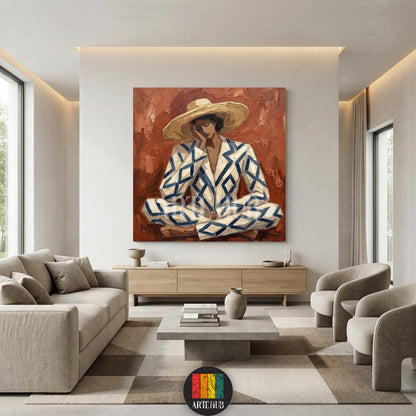 Detailed abstract oil painting style canvas from Artehub showing a person in a geometric blue and white outfit, adding a contemporary touch to Egyptian home decor.

 لوحة كانفاس فنية من Artehub بتصميم تجريدي لشخص يرتدي بدلة بنقوش هندسية، مناسبة لديكور الحوائط المودرن في مصر.