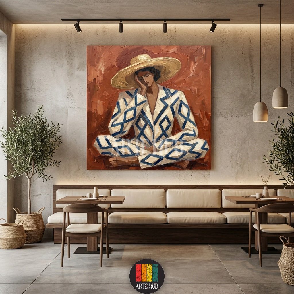  Detailed abstract oil painting style canvas from Artehub showing a person in a geometric blue and white outfit, adding a contemporary touch to Egyptian home decor.

 لوحة كانفاس فنية من Artehub بتصميم تجريدي لشخص يرتدي بدلة بنقوش هندسية، مناسبة لديكور الحوائط المودرن في مصر.