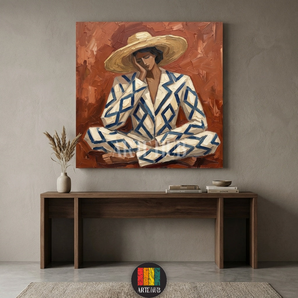 Detailed abstract oil painting style canvas from Artehub showing a person in a geometric blue and white outfit, adding a contemporary touch to Egyptian home decor.

 لوحة كانفاس فنية من Artehub بتصميم تجريدي لشخص يرتدي بدلة بنقوش هندسية، مناسبة لديكور الحوائط المودرن في مصر.