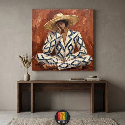 Detailed abstract oil painting style canvas from Artehub showing a person in a geometric blue and white outfit, adding a contemporary touch to Egyptian home decor.

 لوحة كانفاس فنية من Artehub بتصميم تجريدي لشخص يرتدي بدلة بنقوش هندسية، مناسبة لديكور الحوائط المودرن في مصر.