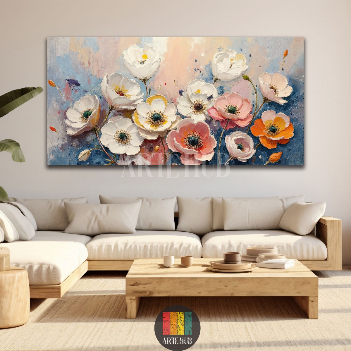 English: A wide-format canvas wall art featuring white and pink anemone flowers in a modern, luxurious Egyptian living room, designed by Artehub Egypt.

Arabic: تابلوه كانفاس عريض يضم زهور الأنيمون باللونين الأبيض والوردي في غرفة معيشة عصرية فاخرة داخل مصر من تصميم ارت هب Artehub.