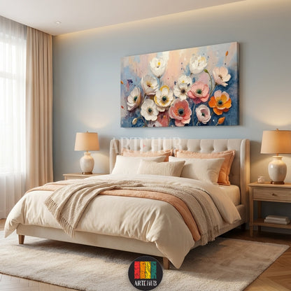 A wide-format canvas wall art featuring white and pink anemone flowers in a modern, luxurious Egyptian living room, designed by Artehub Egypt.

تابلوه كانفاس عريض يضم زهور الأنيمون باللونين الأبيض والوردي في غرفة معيشة عصرية فاخرة داخل مصر من تصميم ارت هب Artehub.