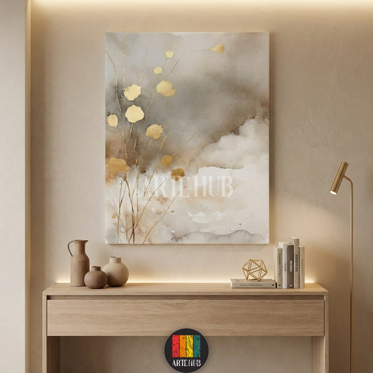 Close-up of an elegant abstract canvas painting featuring golden watercolor floral elements against a soft grey and brown background, displayed above a wooden console table in an Egyptian home setting, enhancing modern decor.
صورة تفصيلية لتابلوه قماشي تجريدي أنيق يظهر زهورًا ذهبية بأسلوب الألوان المائية على خلفية رمادية وبنية ناعمة، معروض فوق طاولة كونسول خشبية في منزل مصري، يعزز الديكور الحديث.