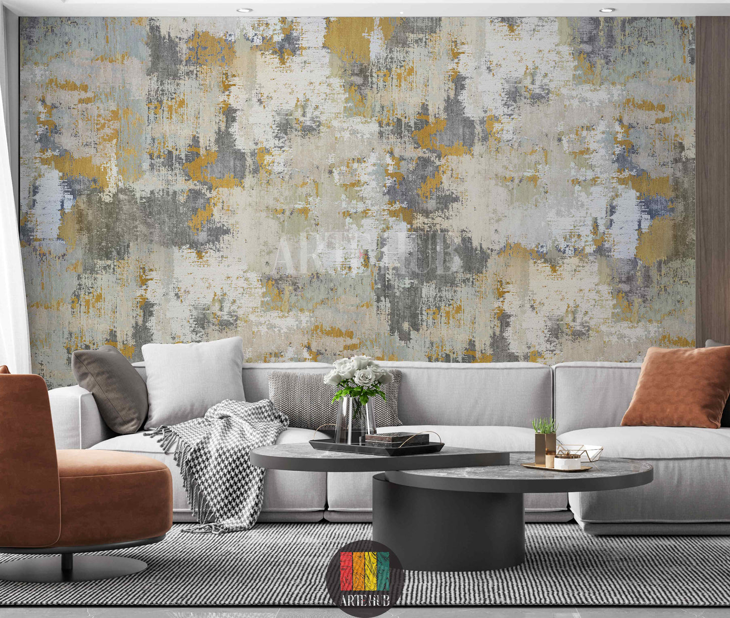 Detailed view of abstract distressed wallpaper in gold, grey, and white tones, enhancing a modern  interior in Egypt. Ideal for contemporary wall art.
صورة تفصيلية لورق حائط تجريدي بتصميم مميز بألوان ذهبية ورمادية وبيضاء، يزين غرفة نوم عصرية في مصر. مثالي لديكور حائط مودرن.
room: living room