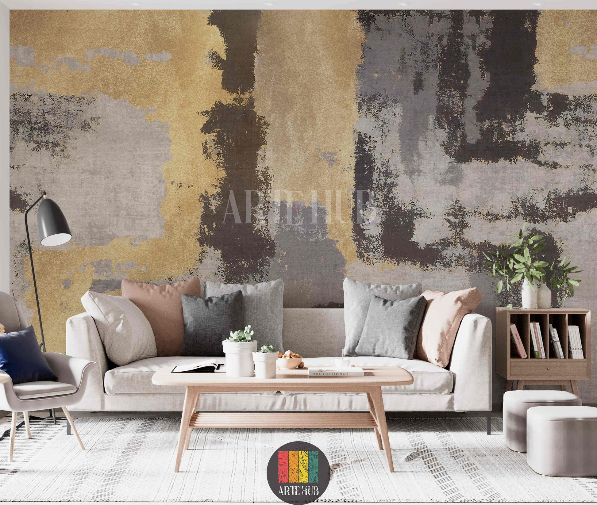 Full shot of a living room featuring a modern abstract wallpaper in gold, grey, and dark brown tones, resembling aged patina texture. The room includes a beige sofa with cushions, a wooden coffee table, and a floor lamp, showcasing stylish home decor in Egypt.
صورة كاملة لغرفة معيشة تتميز بورق حائط تجريدي عصري بألوان ذهبية، رمادية وبنية داكنة، يشبه ملمس الصدأ أو الطبقة القديمة. الغرفة تحتوي على أريكة بيج ووسائد، طاولة قهوة خشبية، ومصباح أرضي، مما يعرض ديكور منزل أنيق في مصر.
room: living room