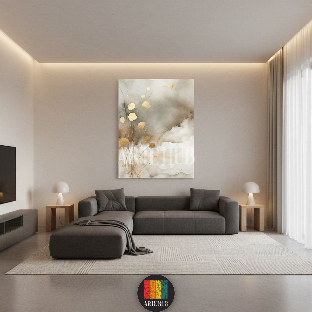 Detailed abstract gold leaf floral canvas wall art on a neutral watercolor background, perfect for modern Egyptian homes. Quality wall decor by Artehub in Egypt.

لوحة فنية تابلوه كانفاس لزهور ذهبية تجريدية مع خلفية ألوان مائية هادئة، قطعة ديكور مثالية للمنازل في مصر من آرت هب Artehub.