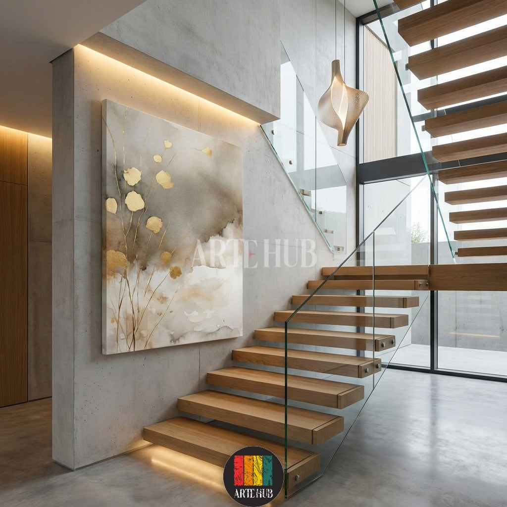 Detailed abstract gold leaf floral canvas wall art on a neutral watercolor background, perfect for modern Egyptian homes. Quality wall decor by Artehub in Egypt.

لوحة فنية تابلوه كانفاس لزهور ذهبية تجريدية مع خلفية ألوان مائية هادئة، قطعة ديكور مثالية للمنازل في مصر من آرت هب Artehub.