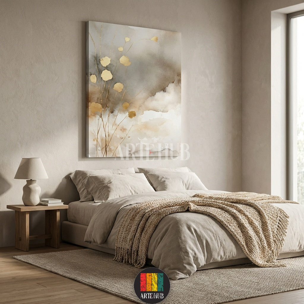 Detailed abstract gold leaf floral canvas wall art on a neutral watercolor background, perfect for modern Egyptian homes. Quality wall decor by Artehub in Egypt.

لوحة فنية تابلوه كانفاس لزهور ذهبية تجريدية مع خلفية ألوان مائية هادئة، قطعة ديكور مثالية للمنازل في مصر من آرت هب Artehub.