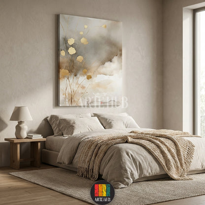 Detailed abstract gold leaf floral canvas wall art on a neutral watercolor background, perfect for modern Egyptian homes. Quality wall decor by Artehub in Egypt.

لوحة فنية تابلوه كانفاس لزهور ذهبية تجريدية مع خلفية ألوان مائية هادئة، قطعة ديكور مثالية للمنازل في مصر من آرت هب Artehub.