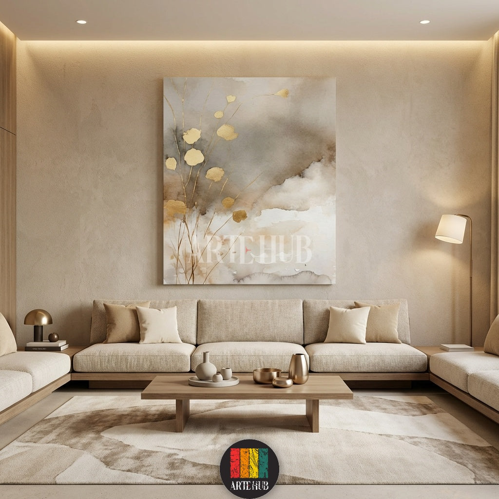 Detailed abstract gold leaf floral canvas wall art on a neutral watercolor background, perfect for modern Egyptian homes. Quality wall decor by Artehub in Egypt.

لوحة فنية تابلوه كانفاس لزهور ذهبية تجريدية مع خلفية ألوان مائية هادئة، قطعة ديكور مثالية للمنازل في مصر من آرت هب Artehub.