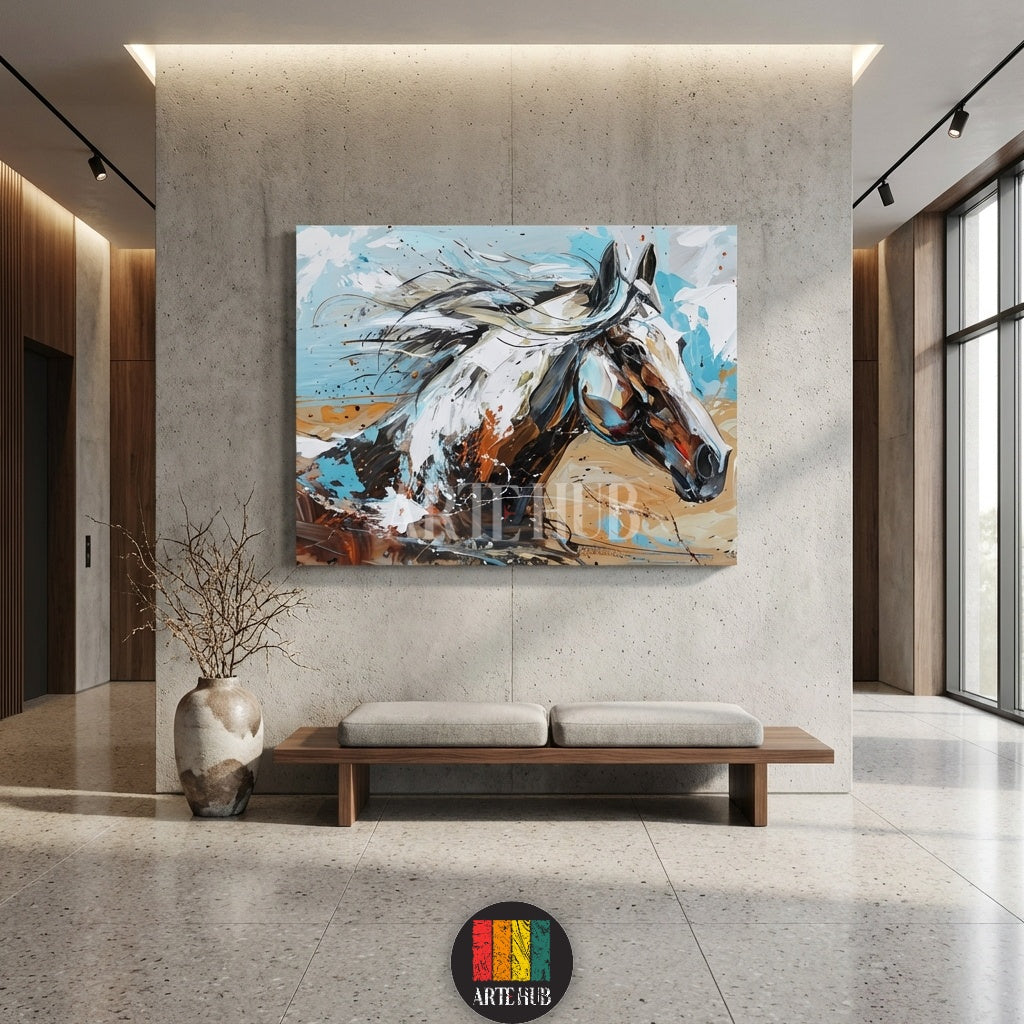 A vibrant abstract painting of a horse with dynamic blue and orange brushstrokes by Artehub, a premium wall art choice for Egyptian style homes in Egypt.

لوحة فنية تجريدية لحصان بألوان زاهية وضربات فرشاة ديناميكية من Artehub، إضافة رائعة ومميزة لديكور المنازل في مصر.
