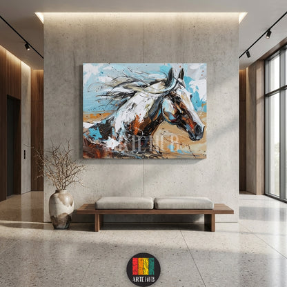 A vibrant abstract painting of a horse with dynamic blue and orange brushstrokes by Artehub, a premium wall art choice for Egyptian style homes in Egypt.

لوحة فنية تجريدية لحصان بألوان زاهية وضربات فرشاة ديناميكية من Artehub، إضافة رائعة ومميزة لديكور المنازل في مصر.