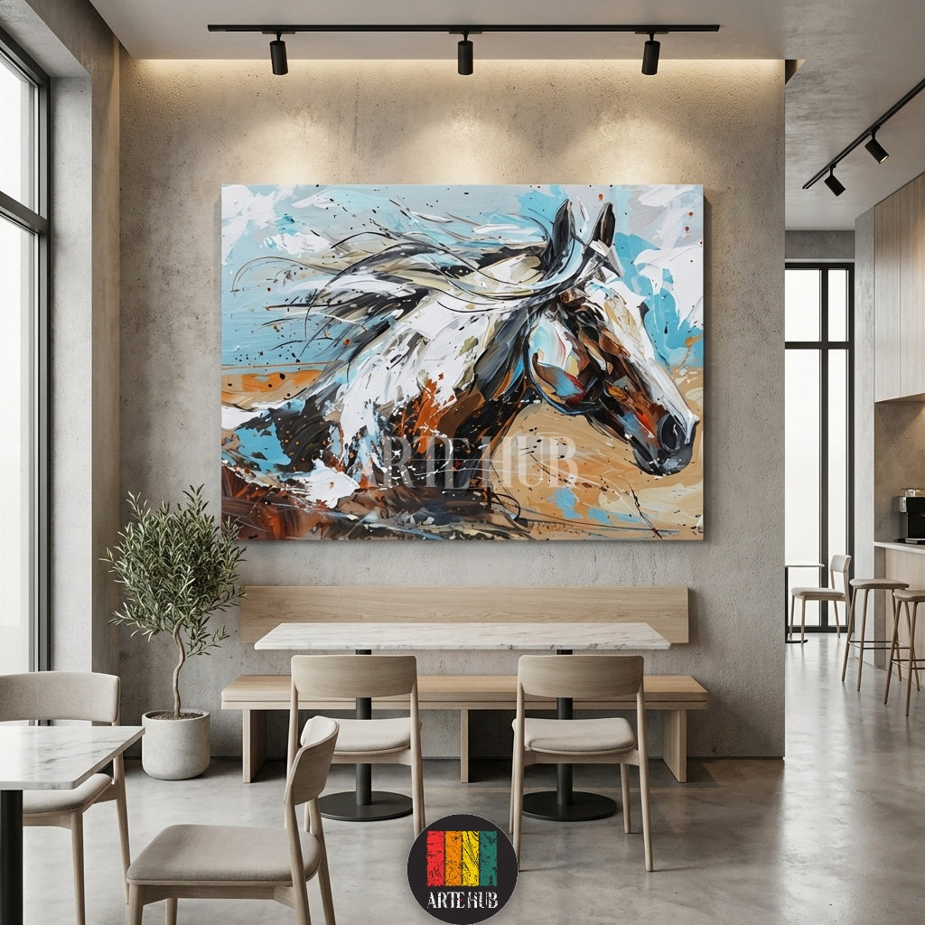 A vibrant abstract painting of a horse with dynamic blue and orange brushstrokes by Artehub, a premium wall art choice for Egyptian style homes in Egypt.

لوحة فنية تجريدية لحصان بألوان زاهية وضربات فرشاة ديناميكية من Artehub، إضافة رائعة ومميزة لديكور المنازل في مصر.