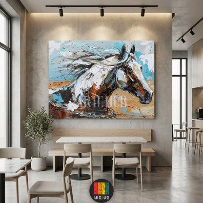 A vibrant abstract painting of a horse with dynamic blue and orange brushstrokes by Artehub, a premium wall art choice for Egyptian style homes in Egypt.

لوحة فنية تجريدية لحصان بألوان زاهية وضربات فرشاة ديناميكية من Artehub، إضافة رائعة ومميزة لديكور المنازل في مصر.
