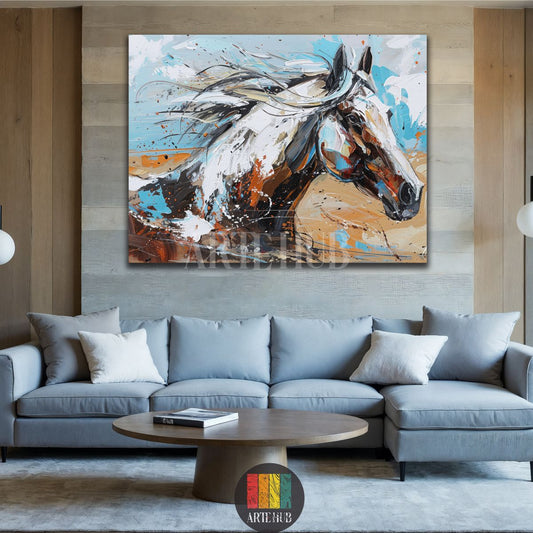 Large abstract horse head painting with vibrant brushstrokes in white, black, brown, and blue, displayed as premium wall art in an Egyptian modern living room over a grey sofa.
لوحة حصان تجريدية كبيرة بألوان حيوية (أبيض، أسود، بني، أزرق) مع ضربات فرشاة ديناميكية، معروضة كديكور حائط فاخر في غرفة معيشة عصرية في مصر فوق أريكة رمادية.