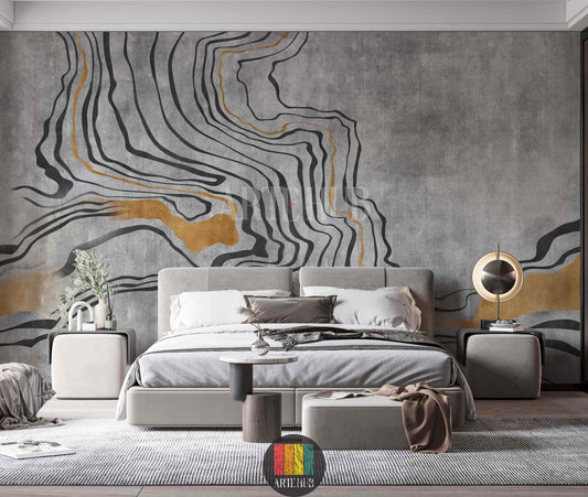 Modern bedroom featuring a large abstract wallpaper with flowing black and gold lines on a textured grey background. The wall art enhances the contemporary home decor in Egypt, creating a luxurious and serene atmosphere.
غرفة نوم عصرية مع ورق حائط كبير بتصميم مجرد بخطوط سوداء وذهبية متدفقة على خلفية رمادية. لوحات الحائط هذه تضيف لمسة فخمة لديكور المنزل في مصر.
room: bedroom