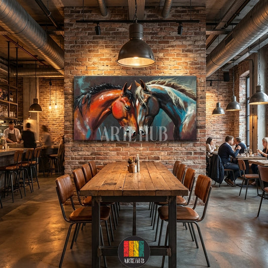 Vibrant abstract canvas painting depicting two majestic horses, one reddish-brown and one blue-grey, facing each other in an embrace, perfect for modern Egyptian home decor and wall art. Available in Egypt.
لوحة كانفاس فنية تجريدية نابضة بالحياة لزوج من الخيول الأنيقة، أحدهما بني محمر والآخر أزرق رمادي، تطل على بعضها البعض. مثالية لديكور المنزل العصري والتابلوهات في مصر.