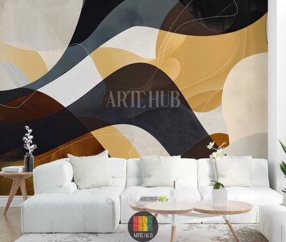 Full view of a living room featuring an abstract wallpaper with flowing, organic shapes in earthy tones (black, brown, gold, grey, white) behind a white sectional sofa and wooden coffee tables. Ideal modern wall decor for homes in Egypt.
صورة كاملة لغرفة معيشة تتميز بورق حائط بتصميم تجريدي مموج بألوان ترابية (أسود، بني، ذهبي، رمادي، أبيض) خلف أريكة بيضاء وطاولات قهوة خشبية. ديكور حائط عصري مثالي للمنازل في مصر.

room: living 