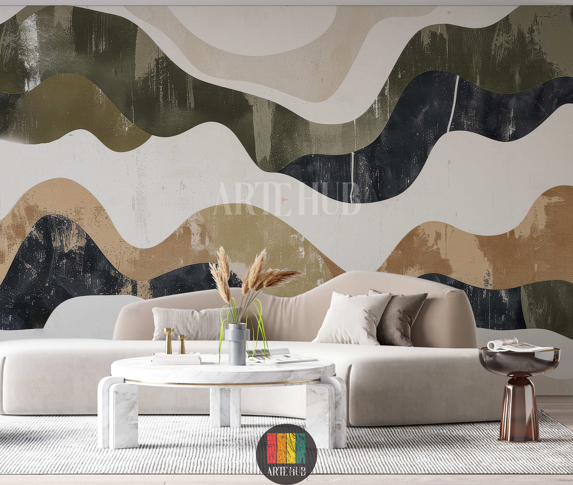 Full shot of a contemporary featuring a large statement wall covered in abstract wavy wallpaper. The design includes organic shapes in earthy tones of beige, cream, olive green, and deep blue-grey, creating a dynamic flow. A long wooden  table with modern chairs, a chandelier, and a wooden console table with decor are also visible. Ideal for modern Egyptian interior design.
صورة كاملة لغرفة طعام عصرية تعرض جدارًا مميزًا مغطى بورق حائط بتصميم أمواج تجريدية. 
room: living