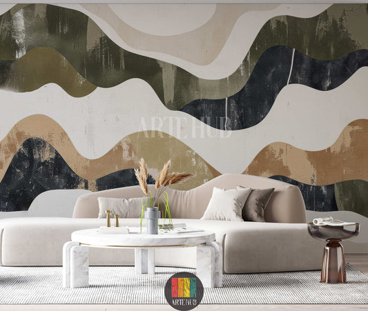 Full shot of a contemporary featuring a large statement wall covered in abstract wavy wallpaper. The design includes organic shapes in earthy tones of beige, cream, olive green, and deep blue-grey, creating a dynamic flow. A long wooden  table with modern chairs, a chandelier, and a wooden console table with decor are also visible. Ideal for modern Egyptian interior design.
صورة كاملة لغرفة طعام عصرية تعرض جدارًا مميزًا مغطى بورق حائط بتصميم أمواج تجريدية. 
room: living