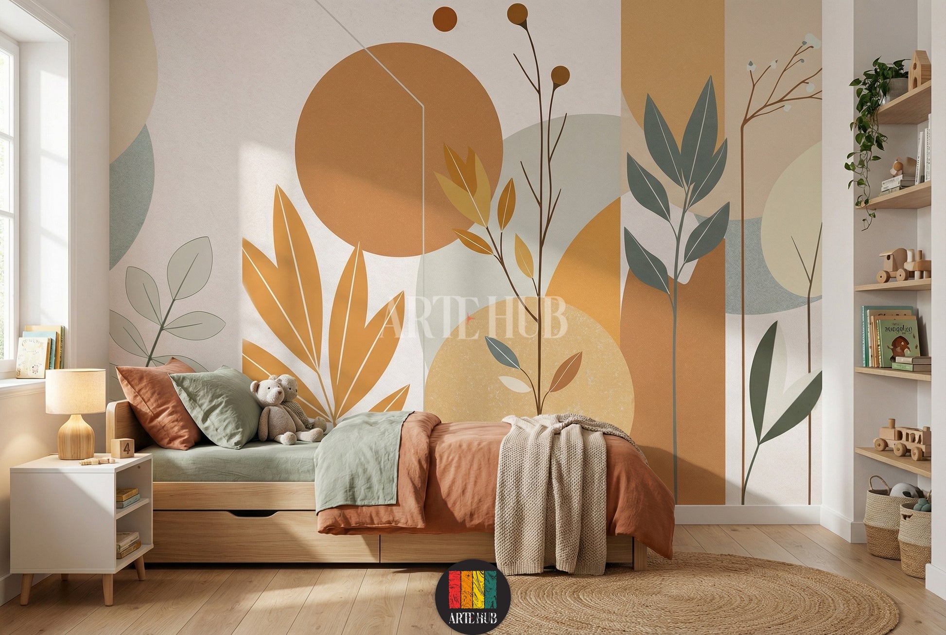 A modern bedroom featuring a serene abstract botanical wallpaper with earthy tones like terracotta, beige, and sage green, depicting large leaves and circular shapes. This elegant wall decor is perfect for contemporary Egyptian homes, adding a calm and sophisticated touch.
غرفة نوم عصرية تتميز بورق حائط نباتي مجرد وهادئ بألوان ترابية مثل الطوبي والبيج والأخضر الزيتي، يصور أوراق شجر كبيرة وأشكال دائرية. هذا الديكور الجداري الأنيق مثالي للمنازل المصرية الحديثة، ويضيف لمسة من الهدوء والرقي.
room: kids room